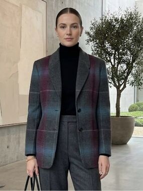 ESCADA 100% Cashmere Plaid Blazer Jacket Gray Burgundy Blue Ombre Vintage